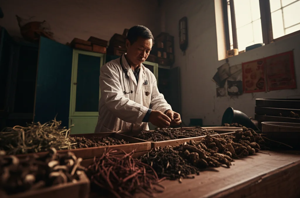 Fotografia realistica di un medico di villaggio cinese, sulla cinquantina, che prepara con cura delle erbe medicinali tradizionali sul bancone della sua modesta clinica rurale. Luce soffusa che entra da una finestra laterale, obiettivo macro 60mm, alta definizione sui dettagli delle erbe e delle mani esperte, atmosfera calma e concentrata.
