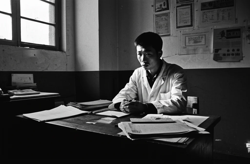 Fotografia realistica in bianco e nero, stile film noir, di un medico di villaggio cinese seduto alla sua scrivania in una clinica poco illuminata, con un'espressione pensierosa e stanca. Un fascio di luce illumina parzialmente il suo volto e alcuni documenti sparsi. Obiettivo prime 35mm, profondità di campo che lascia intravedere lo sfondo modesto, evocando le difficoltà e la solitudine della professione.