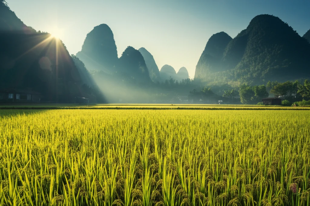 Fotografia paesaggistica con obiettivo grandangolare 10mm di un vasto campo di riso nella Cina rurale all'alba. Nebbia leggera tra le colline sullo sfondo, luce dorata e soffusa, messa a fuoco nitida su tutto il paesaggio, trasmettendo un senso di pace, isolamento e bellezza rurale.