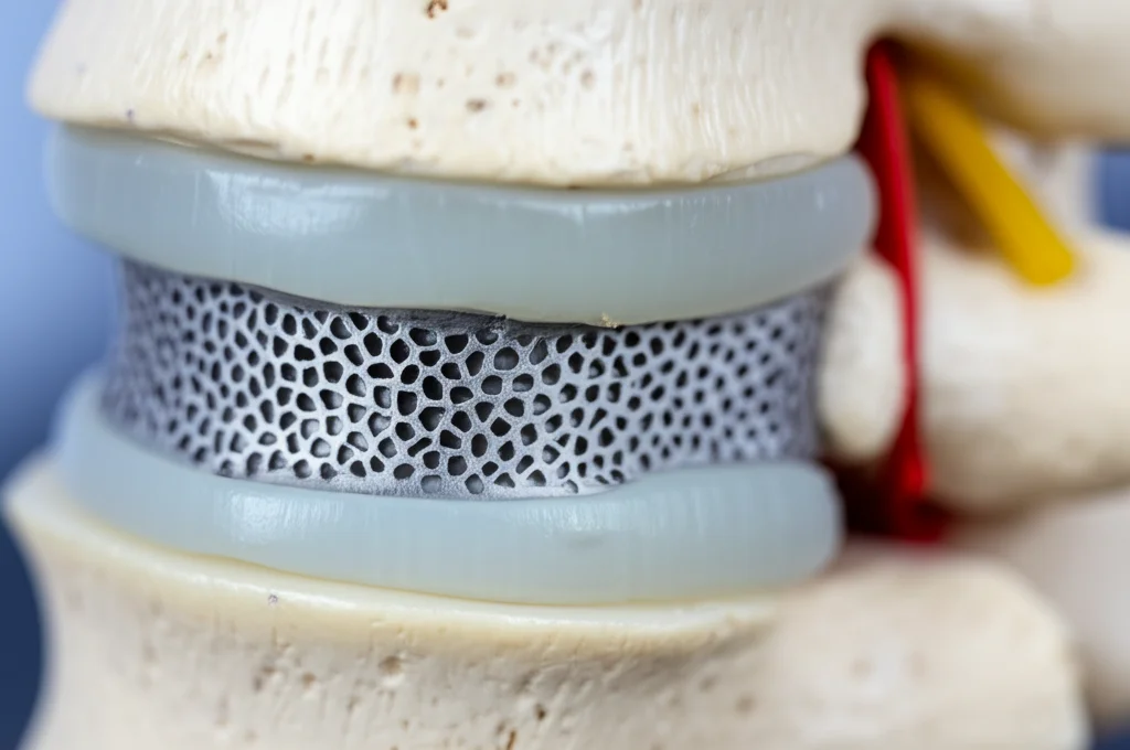 Immagine fotorealistica di un impianto spinale Vertiwedge in titanio stampato in 3D, posizionato accanto a un modello anatomico di vertebra lombare. Dettaglio elevato sulla struttura a traliccio dell'impianto. Illuminazione da studio controllata. Obiettivo macro 100mm, alta definizione. Profondità di campo ridotta per mettere a fuoco l'impianto.