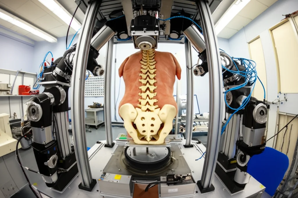 Fotografia del simulatore spinale DISC in azione, con una colonna vertebrale lombare cadaverica montata tra il supporto superiore motorizzato e la cella di carico inferiore a 6 assi. L'immagine mostra i bracci meccanici che applicano movimenti controllati. Obiettivo grandangolare 24mm, messa a fuoco nitida sull'intero apparato, illuminazione da laboratorio.