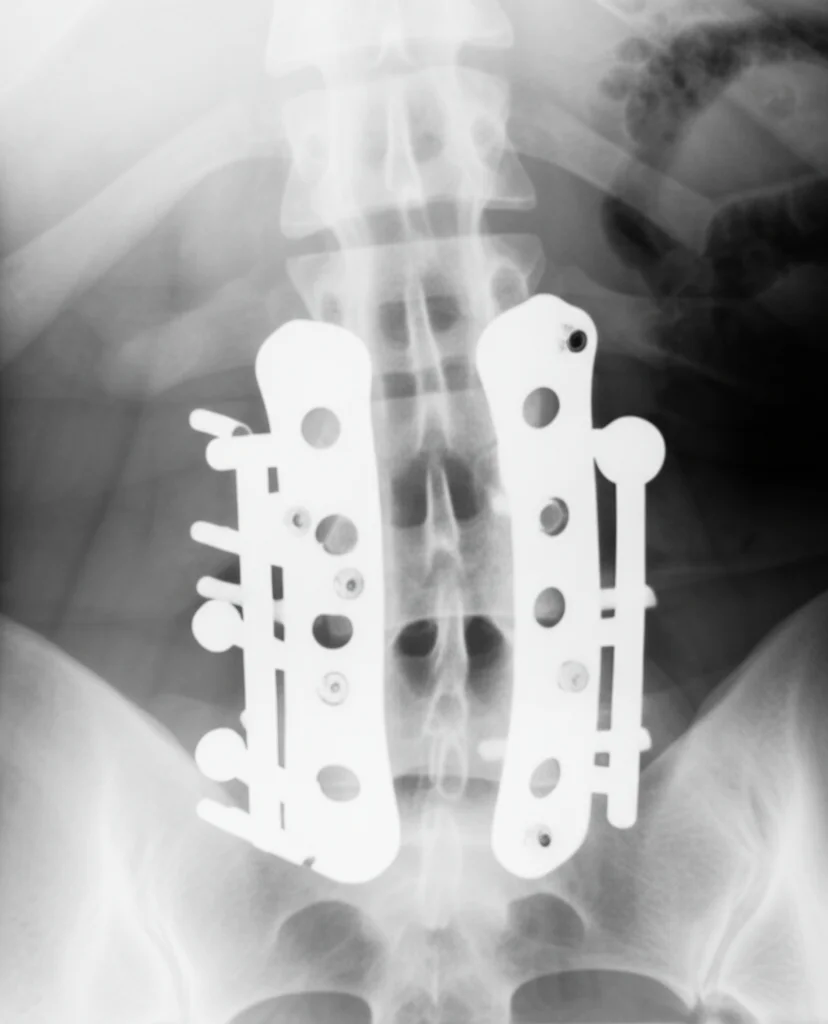 Radiografia laterale C-arm di una colonna lombare che mostra chiaramente l'impianto Vertiwedge posizionato all'interno del corpo vertebrale L4 dopo un'osteotomia. Le viti bicorticali sono visibili attraverso la placca laterale. Il disco intervertebrale sopra e sotto L4 appare intatto. Alta definizione, contrasto ottimizzato per la visualizzazione ossea e dell'impianto.