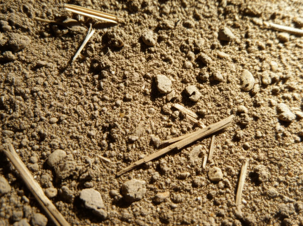 Scatto macro con obiettivo da 85mm su terreno agricolo tibetano fertile con materia organica visibile, come piccoli pezzi di compost e paglia, illuminazione controllata laterale che evidenzia la texture granulosa del suolo sabbioso-limoso. High detail, precise focusing.