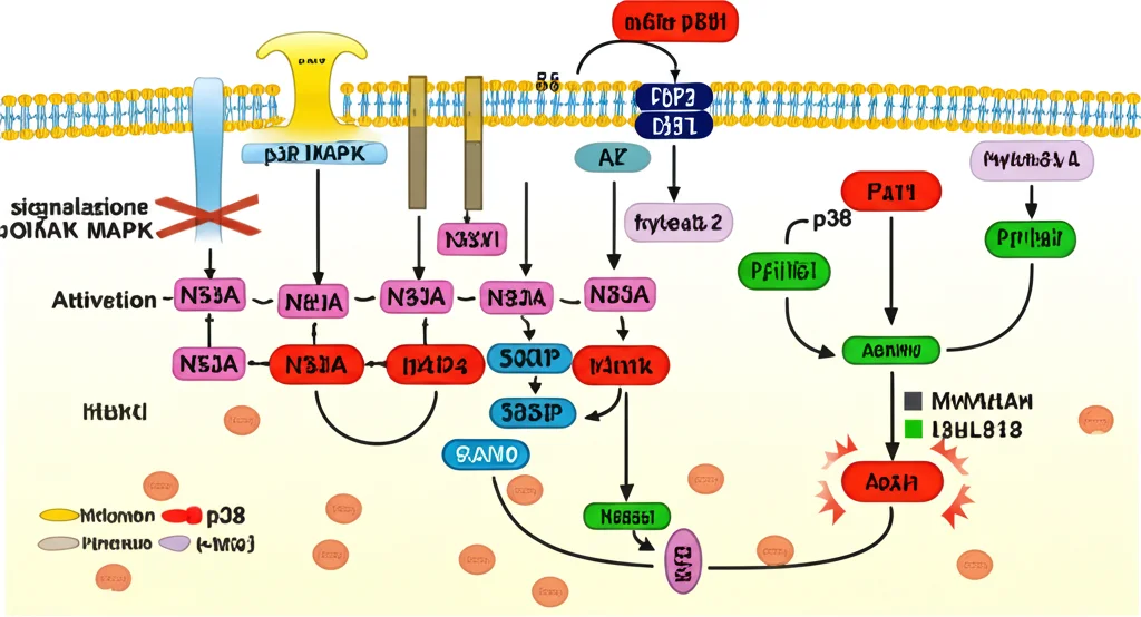 Diagramma schematico astratto che illustra il pathway di segnalazione p38 MAPK all'interno di una cellula cardiaca. Molecole chiave come p38 sono evidenziate, mostrando il processo di fosforilazione (attivazione). Lo stile è scientifico ma visivamente accattivante, con colori distinti per indicare stati attivi e inattivi.