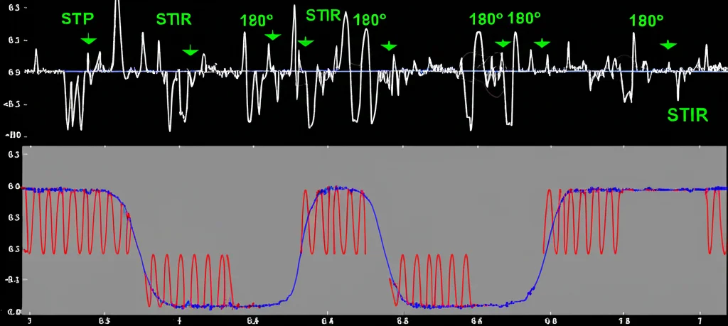 Visualizzazione grafica su schermo di una sequenza di impulsi RF complessa, stile figura 6 dell'articolo. Si vedono chiaramente un impulso iniziale alto (STIR), seguito da un gruppo di impulsi più piccoli (eccitazione acqua) e poi un impulso più largo (180°). Sotto, un grafico mostra le componenti reale (linea rossa) e immaginaria (linea blu) di un impulso specifico (es. STIR), evidenziandone la forma complessa. Focus nitido sui grafici, sfondo scuro neutro, stile illustrazione tecnica.
