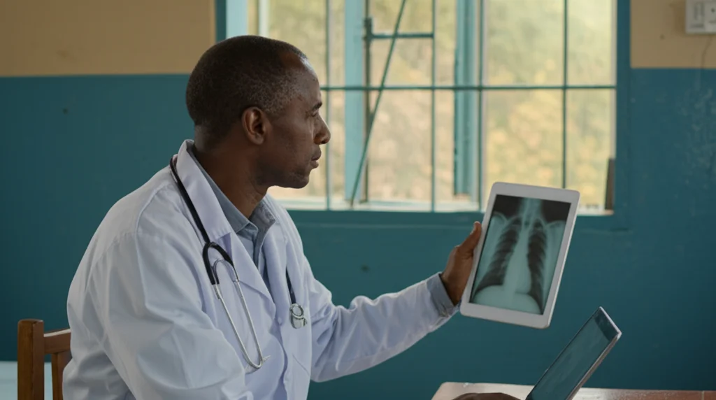 Fotografia realistica di un medico in Etiopia che esamina una radiografia su un tablet, in un ambiente ospedaliero semplice ma pulito. Obiettivo prime 35mm, luce naturale soffusa dalla finestra, profondità di campo per mettere a fuoco il medico e lo schermo.