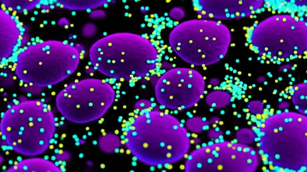 Fotografia macro di nanoparticelle teranostiche luminescenti (sfere blu e gialle) che interagiscono con cellule di glioblastoma (strutture cellulari viola) in un ambiente di laboratorio simulato, obiettivo macro 100mm, alta definizione, illuminazione controllata da laboratorio, messa a fuoco precisa sui punti di interazione.