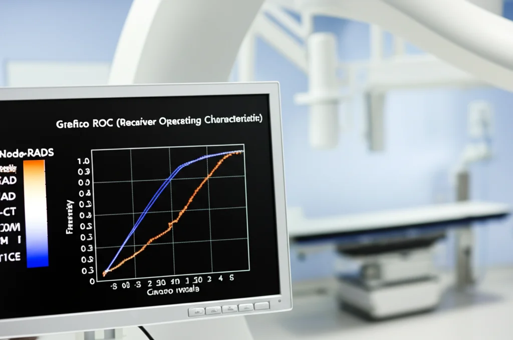 Grafico ROC (Receiver Operating Characteristic) visualizzato su un monitor medicale, che confronta le curve di performance diagnostica di Node-RADS e SAD per CE-CT, T2WI e T1CE nel cancro rettale. Focus nitido sul grafico, sfondo leggermente sfocato di una sala radiologica.