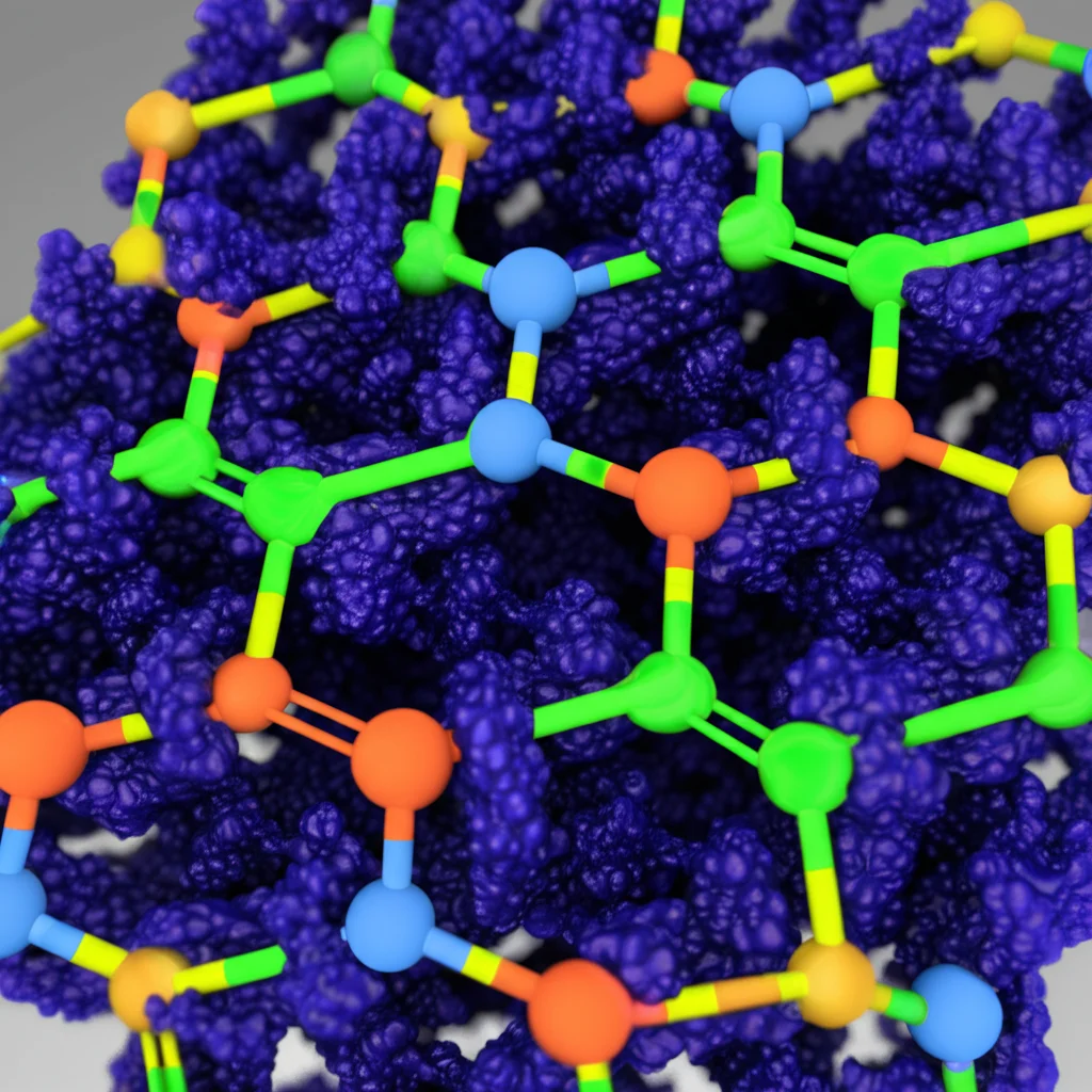 Visualizzazione ravvicinata della struttura porosa di un Covalent Organic Framework multivariato (COF), macro lens 80mm, illuminazione controllata ad alto dettaglio, che mostra l'assemblaggio preciso di diverse unità molecolari (TP arancione, BD verde, EB azzurro) per creare un potenziale elettrostatico su misura.