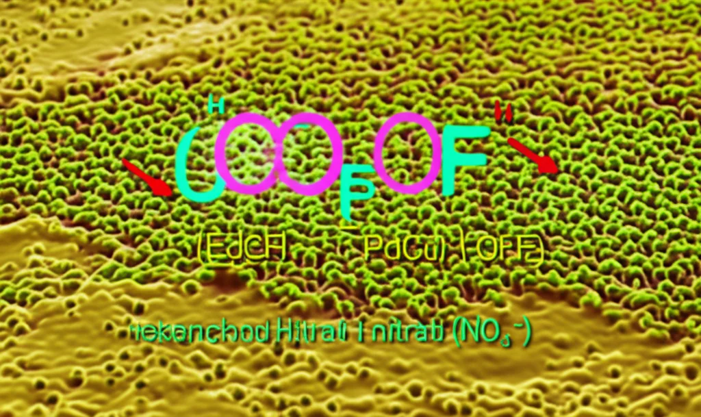Illustrazione fotorealistica dell'interfaccia elettrodo-elettrolita: uno strato di COF multivariato (BECOF) riveste nanoparticelle catalitiche (PdCu), macro lens 90mm, mostrando l'interazione elettrostatica che respinge i protoni (H+) e attira i nitrati (NO3-) in un ambiente acido, high detail, precise focusing.