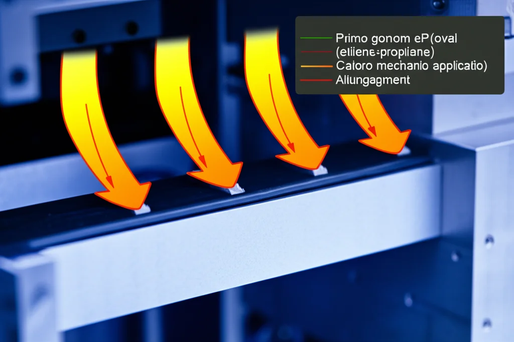 Primo piano di una striscia di gomma EP (etilene-propilene) montata su un apparato di test meccanico, con una sovrapposizione grafica che mostra un flusso di calore uscente maggiore del lavoro meccanico applicato durante l'allungamento. Macro lens, 100mm, high detail, precise focusing, controlled lighting.