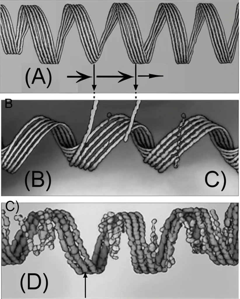 Illustrazione schematica che mostra catene polimeriche aggrovigliate in uno stato rilassato (A), poi allineate sotto tensione (B), e infine che tornano a uno stato disordinato ma leggermente diverso (D) dopo la contrazione, evidenziando percorsi termodinamici differenti. Macro lens, 60mm, high detail, precise focusing.