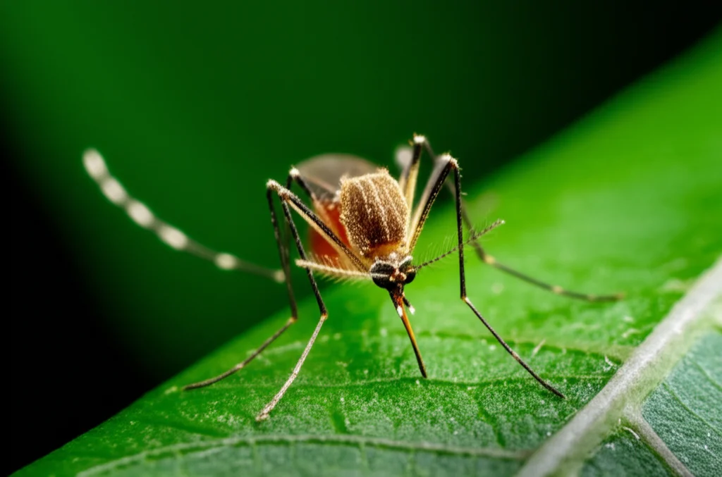 Lenti macro, 100 mm, dettagli elevati, messa a fuoco precisa, illuminazione controllata, che mostra una zanzara di Anopheles gambiae appoggiata su una foglia verde, evidenziando la sua delicata struttura e il potenziale come vettore della malattia.