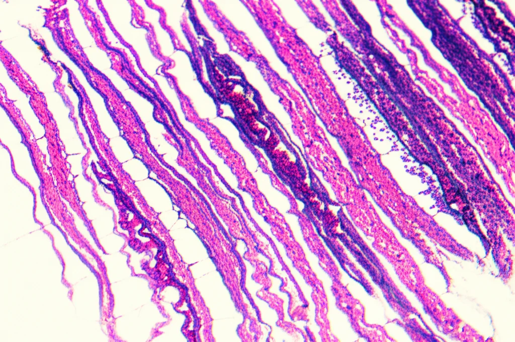 Lenti macro, 80 mm, dettagli elevati, illuminazione controllata, che mostra un midgut di zanzare sezionato su uno scivolo al microscopio, possibilmente colorato per evidenziare le strutture cellulari colpite dalla guida del gene miR-184 dopo un pasto nel sangue.