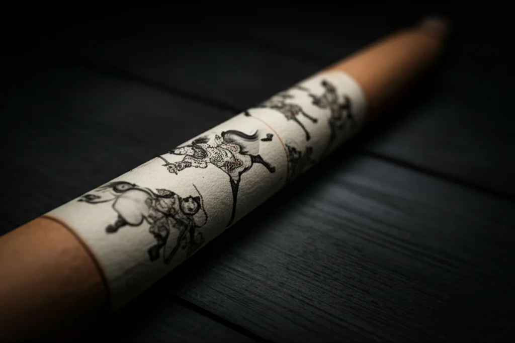 Fotografia macro di un antico rotolo cinese parzialmente srotolato, raffigurante una scena di battaglia mitologica tratta da Viaggio in Occidente, illuminazione drammatica e controllata, alta definizione dei dettagli dell'inchiostro e della carta, 100mm Macro lens.