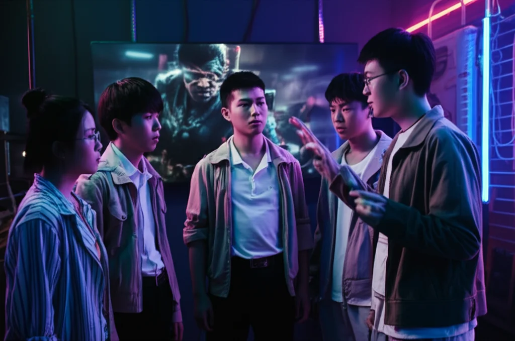 Ritratto fotografico di un gruppo di giovani cinesi che discutono animatamente davanti a uno schermo che mostra Black Myth: Wukong, ambiente illuminato da neon colorati, stile colloquiale, 35mm portrait, duotone blu e magenta.