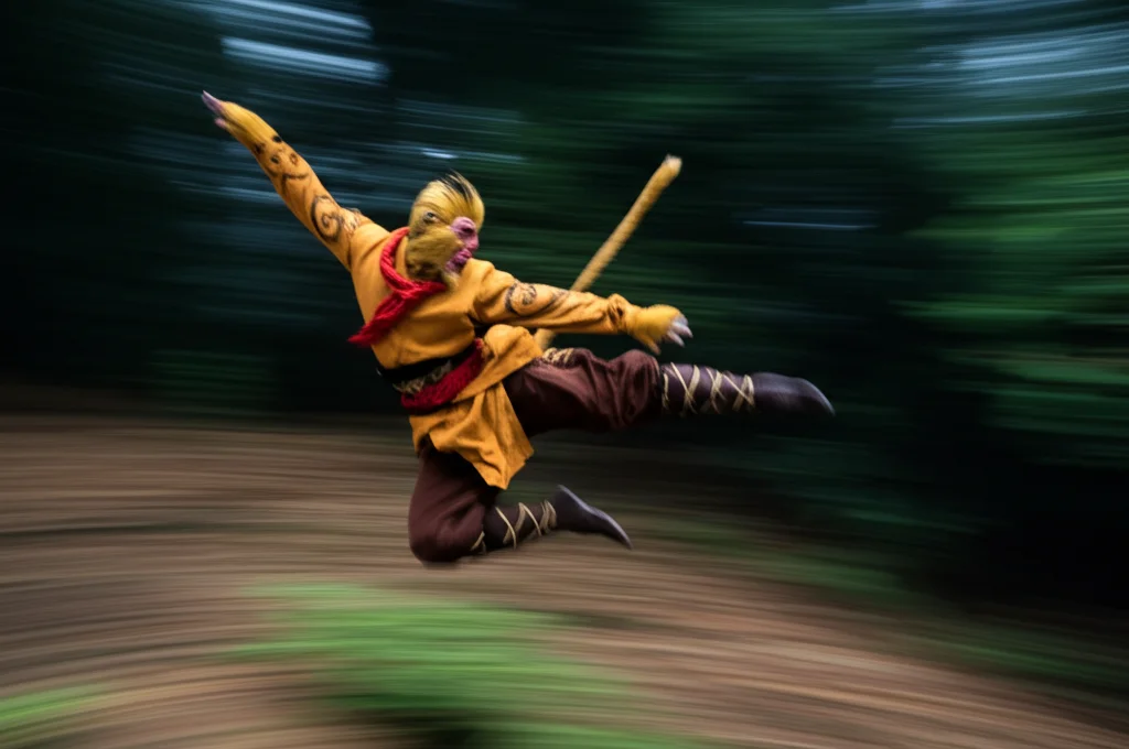 Fotografia sportiva di un personaggio simile a Sun Wukong in Black Myth: Wukong che esegue un attacco acrobatico in combattimento, effetto motion blur per enfatizzare il movimento, fast shutter speed, action tracking, telephoto zoom 200mm.