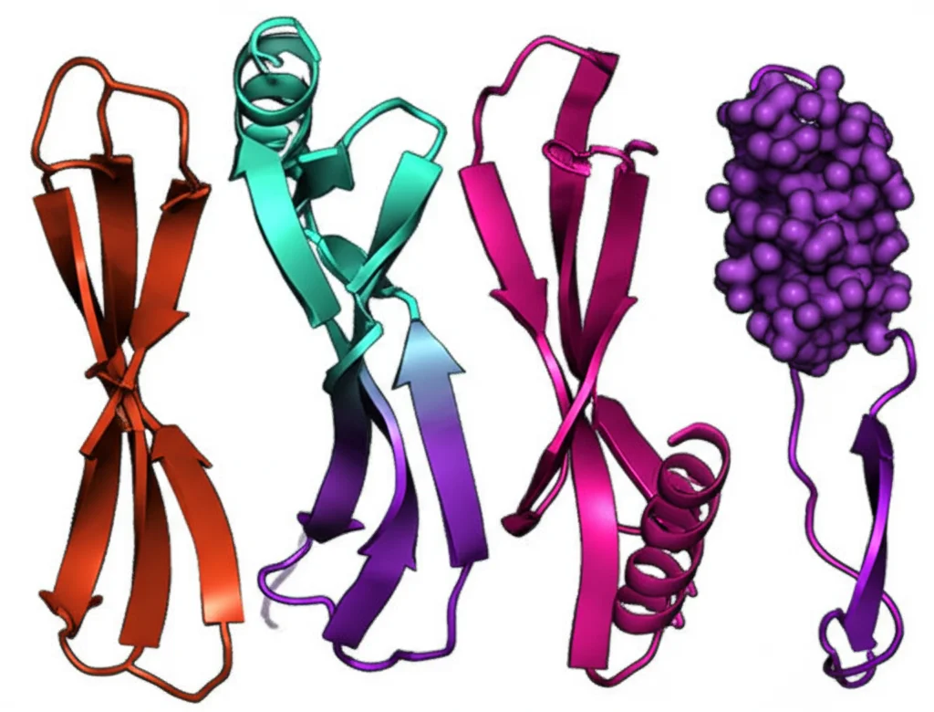 Visualizzazione fotorealistica con obiettivo macro (100mm) di diversi frammenti Fab di anticorpi affiancati, che mostrano strutture generali quasi identiche nonostante le variazioni nei loro loop CDR ultra-lunghi (ulCDR), sotto illuminazione controllata e precisa per evidenziare sottili somiglianze e differenze nella texture superficiale.