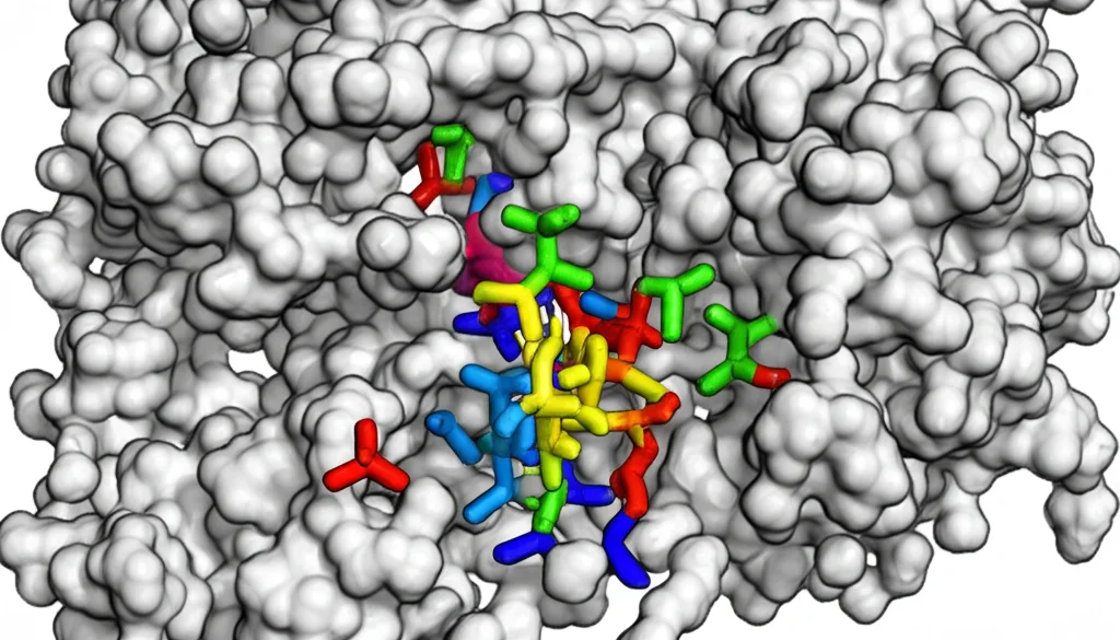 Istantanea dettagliata di una simulazione di dinamica molecolare visualizzata in modo fotorealistico, prospettiva grandangolare (24mm) che mostra l'interfaccia di interazione tra il gambo CDR ultra-lungo di un anticorpo e l'impalcatura della catena leggera, evidenziando regioni di flessibilità (RMSF) e scambio idrogeno-deuterio (HDX), messa a fuoco nitida sui residui chiave interagenti.