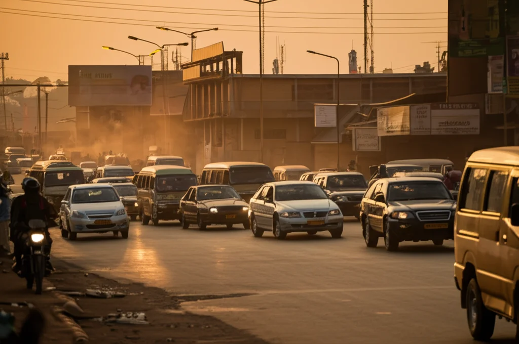 Traffico congestionato in una strada urbana di Kigali, Rwanda, al tramonto, con auto, moto e minibus che emettono fumi visibili; polvere sollevata dai bordi della strada; fotografia di strada realistica, obiettivo 50mm, luce calda del tardo pomeriggio, colori vividi ma leggermente impolverati.