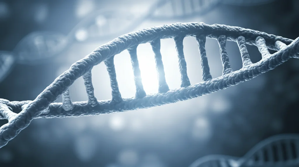 Primo piano di una doppia elica di DNA astratta, illuminata da luce blu e grigia, con sfocatura dello sfondo per profondità di campo. Obiettivo prime 35mm, stile duotone blu e grigio, alta definizione.