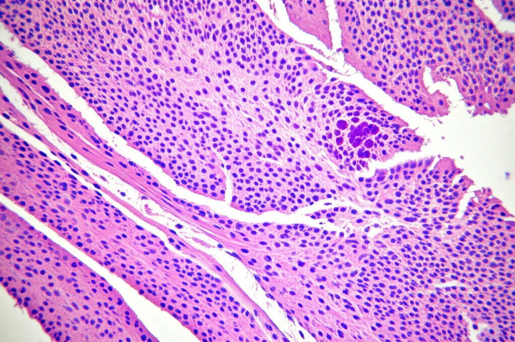 Immagine macro di tessuto polmonare di topo visto al microscopio, con cellule infiammatorie evidenziate in viola. Obiettivo macro 100mm, alta definizione, illuminazione controllata per dettaglio preciso, messa a fuoco selettiva sulle aree infiammate.