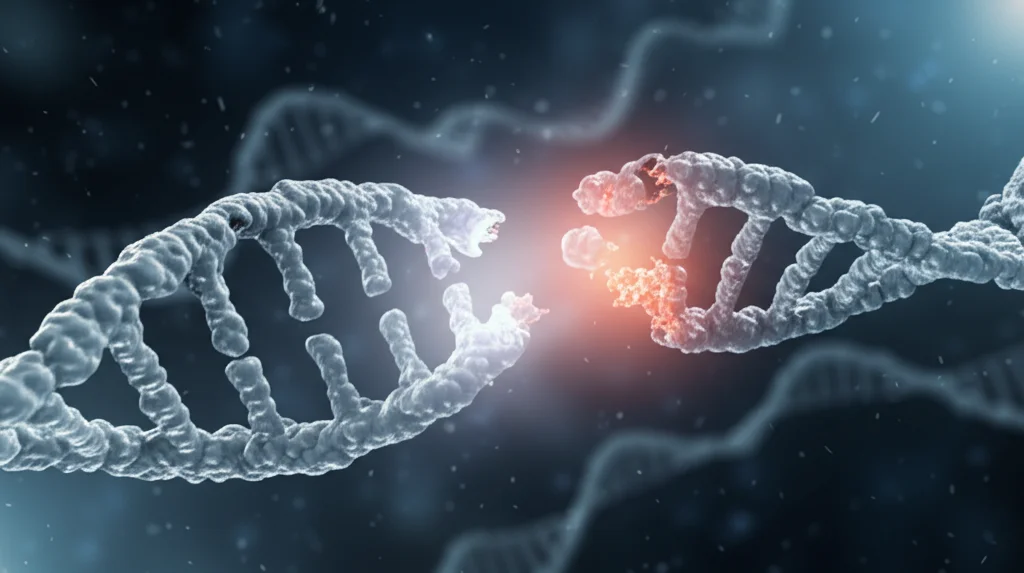 Visualizzazione 3D di una doppia elica di DNA con una rottura su entrambi i filamenti, illuminata in modo drammatico per evidenziare il danno. Macro lens, 85mm, high detail, controlled lighting, sfondo scuro e sfocato.