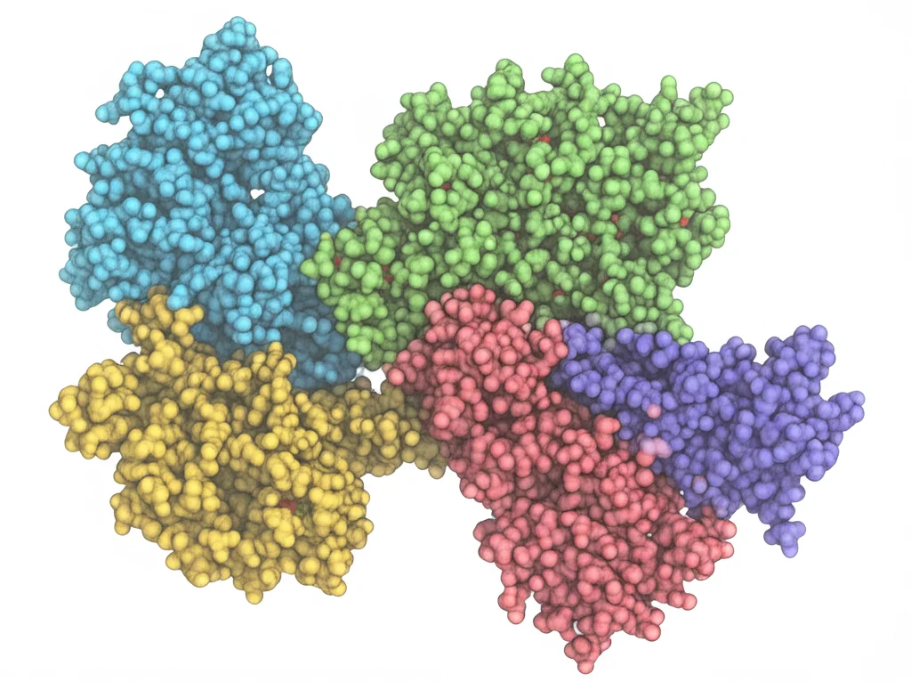 Ricostruzione cryo-EM della proteina Polθ-helicase in forma dimerica, mostrata come una superficie molecolare complessa dai colori tenui (azzurro e grigio chiaro). High detail, precise focusing, stile scientifico ma fotorealistico.
