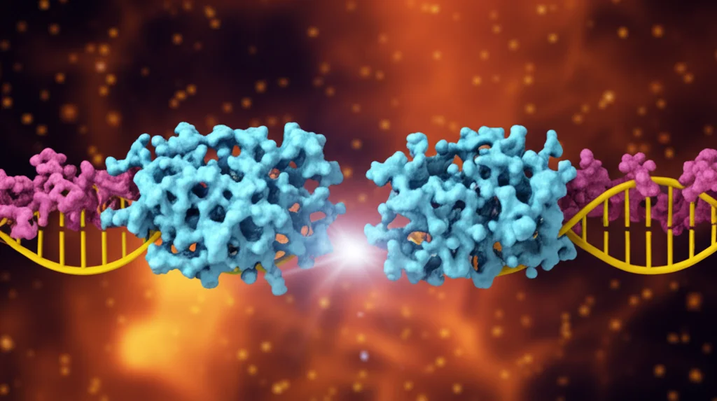 Illustrazione schematica ma fotorealistica di due estremità di DNA rotto che si avvicinano per l'appaiamento di micro-omologie, mediate da una proteina dimerica (Polθ). Luce focalizzata sulla zona di interazione. Macro lens, 100mm, depth of field.