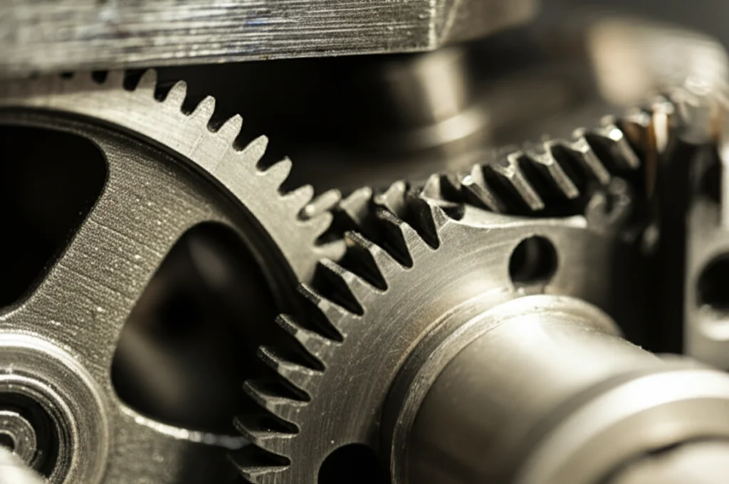 Macro fotografia, obiettivo 85mm, primo piano di ingranaggi metallici complessi che ingranano all'interno di macchinari, illuminazione controllata che evidenzia i dettagli della superficie e la precisione dei denti, alta definizione, sfondo leggermente sfocato.