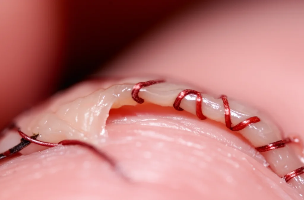 Fotografia macro di una valvola cardiaca artificiale o riparata, messa a fuoco precisa sui dettagli della sutura, illuminazione controllata da studio per evidenziare la texture, obiettivo macro 100mm.