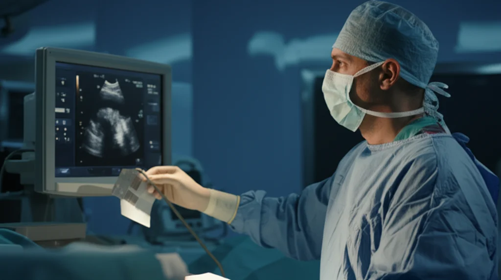 Fotografia di un chirurgo concentrato che esamina un ecocardiogramma su uno schermo in una sala operatoria scarsamente illuminata, profondità di campo ridotta, obiettivo 35mm, toni blu e grigi.