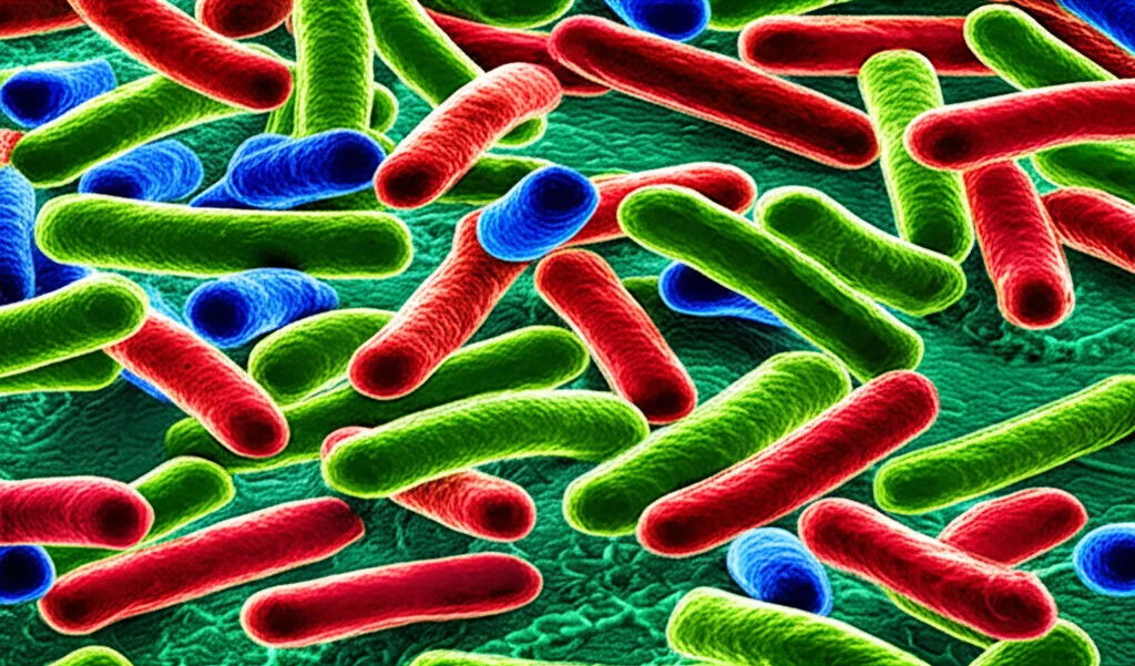 Immagine macrofotografica ad alta definizione di batteri intestinali colorati su una superficie texturizzata, illuminazione controllata per evidenziare i dettagli, obiettivo macro 100mm, messa a fuoco precisa.