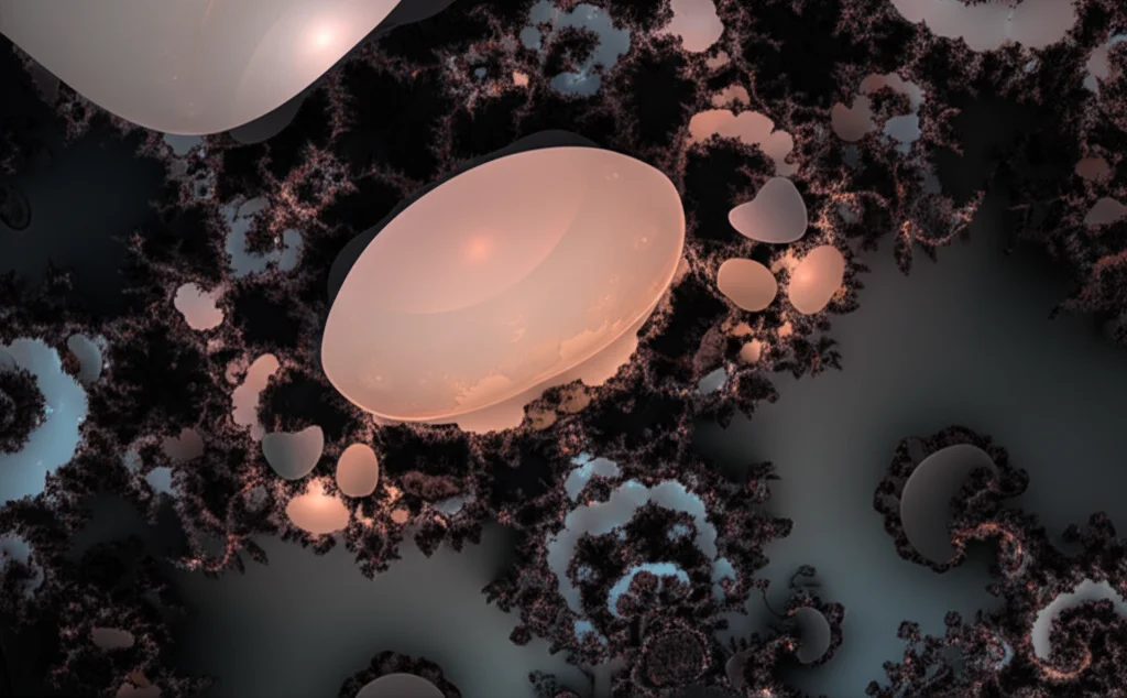 Visualizzazione astratta 3D di strutture frattali complesse generate da funzioni su algebre di Clifford, illuminazione controllata, obiettivo macro 100mm, alta definizione, che rappresenta la complessità matematica.