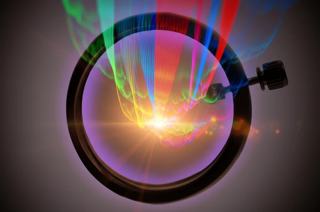 Immagine concettuale di un setaccio matematico che filtra funzioni complesse rappresentate da flussi colorati, lasciando passare solo strutture polinomiali semplici e lineari. Obiettivo macro 60mm, messa a fuoco precisa sui polinomi, sfondo astratto e sfocato.