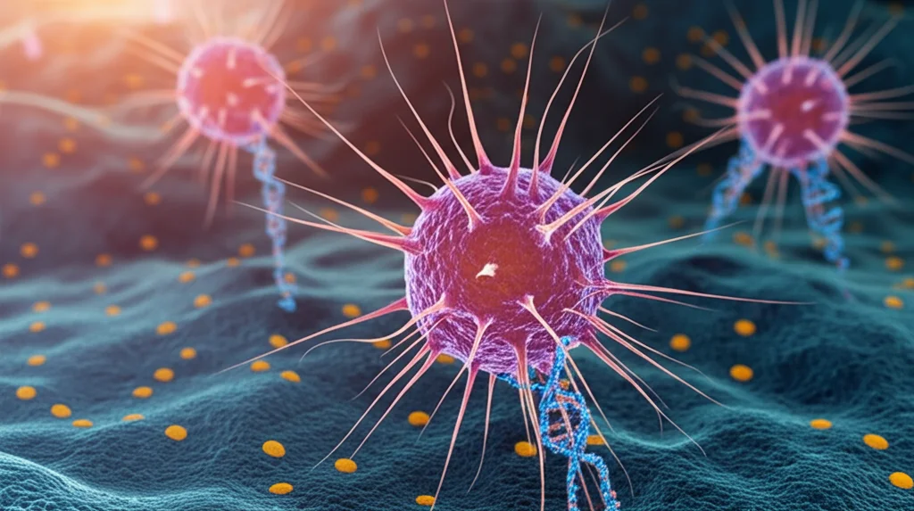 Visualizzazione 3D astratta di migrasomi rilasciati da una cellula tumorale gastrica migrante, con filamenti di lncRNA che emergono dalle vescicole. Illuminazione da laboratorio high-tech, lente macro 85mm, alta definizione, focus selettivo sui migrasomi.