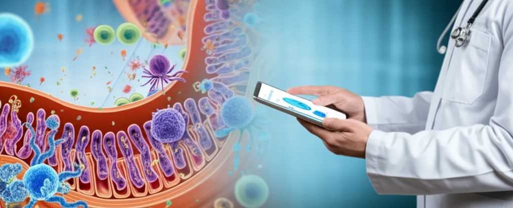 Grafico nomogramma complesso per la prognosi del cancro gastrico visualizzato su un tablet tenuto da un medico in camice bianco. Sullo sfondo, una rappresentazione stilizzata del microambiente tumorale con cellule immunitarie. Illuminazione morbida da studio, lente prime 50mm, profondità di campo ridotta.