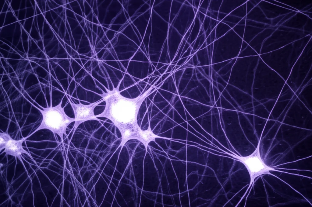 Immagine fotorealistica macro di una rete neurale astratta su sfondo scuro. Alcuni nodi nell'area della corteccia barrel field sono evidenziati con luce brillante e molte connessioni dense e luminose partono da essi, rappresentando l'iperconnettività. Obiettivo macro 100mm, alta definizione, illuminazione controllata, dettagli precisi delle connessioni.