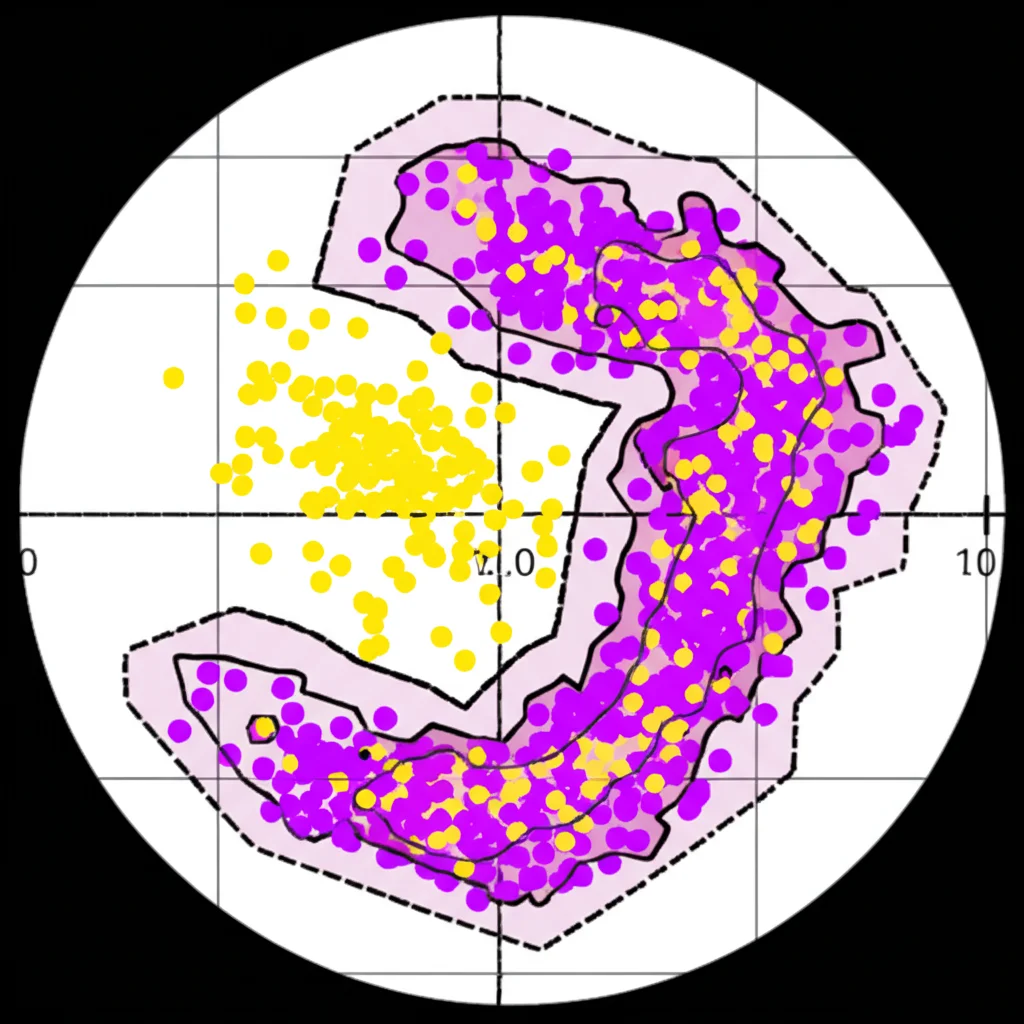 Visualizzazione grafica astratta che mostra punti dati di due colori (viola e giallo) su un piano. Prima mostra uno sbilanciamento (pochi viola, molti gialli), poi mostra l'effetto del campionamento RENN+SMOTE con un numero più bilanciato di punti e confini più netti tra le classi. Macro lens, 60mm, high detail, precise focusing.
