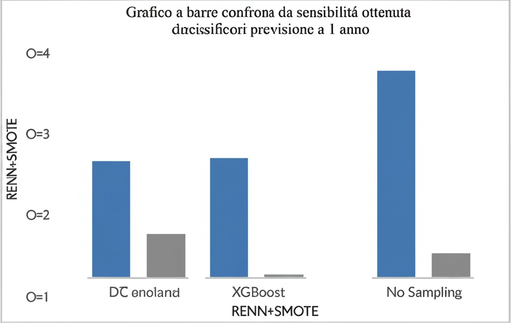 Grafico a barre che confronta la sensibilità ottenuta da diversi classificatori (DT, RF, ET, XGBoost, LGBM) per la previsione a 1 anno, mostrando barre molto basse per 'No Sampling' e barre significativamente più alte per 'RENN+SMOTE'. Prime lens, 35mm, depth of field, focus sulle barre RENN+SMOTE.