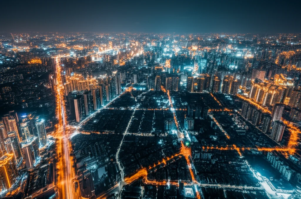 Fotografia aerea di Shenzhen di notte, grandangolo 15mm, lunga esposizione, che mostra chiaramente le aree urbane illuminate e più calde rispetto alle zone periferiche più scure e fredde, evidenziando l'effetto isola di calore urbana.