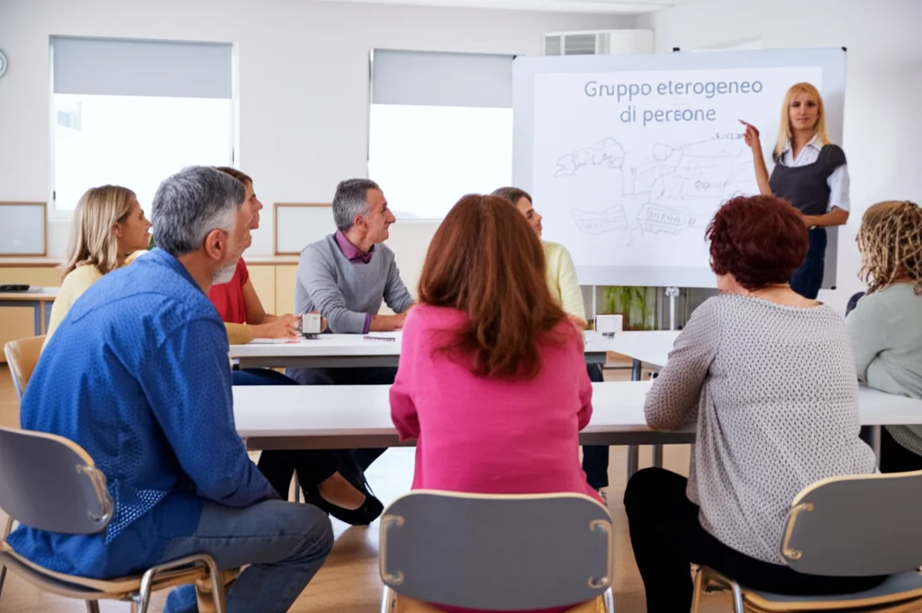 Gruppo eterogeneo di persone adulte sorridenti sedute attorno a un tavolo in una sala comunitaria luminosa, partecipando attivamente a una sessione educativa sul diabete. Un facilitatore indica una slide. Fotografia di ritratto di gruppo, obiettivo 35mm, luce naturale morbida, profondità di campo media per mantenere a fuoco i partecipanti principali.