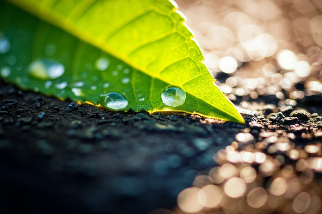 Scatto macro 90mm di una foglia verde brillante con gocce di rugiada accanto a una superficie di asfalto scuro e caldo sotto il sole estivo, messa a fuoco precisa, illuminazione controllata, per illustrare il contrasto termico tra vegetazione e superfici artificiali.