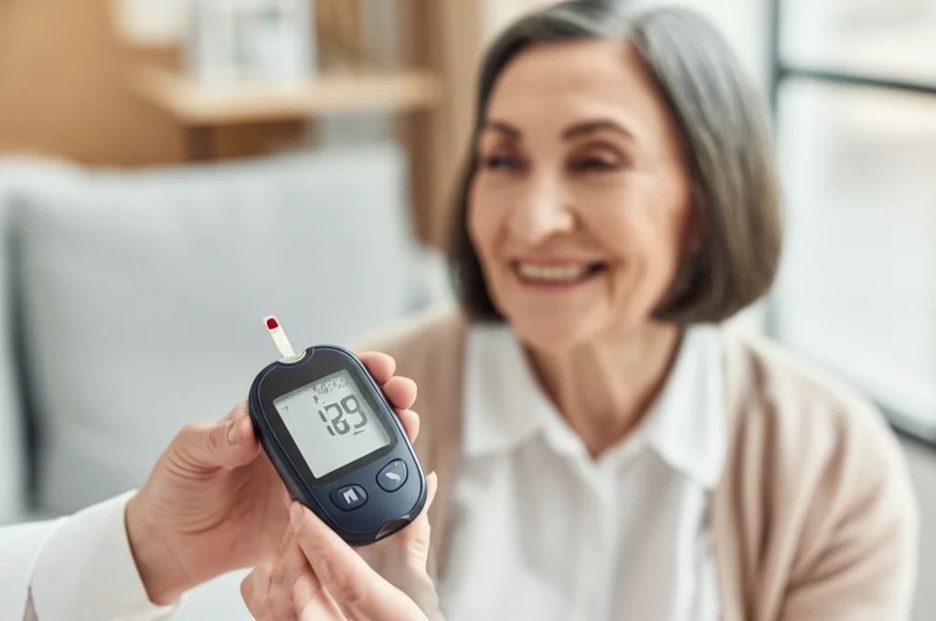 Primo piano di un misuratore di glicemia con una goccia di sangue su una striscia reattiva, tenuto da una mano curata. Sullo sfondo sfocato, una persona anziana sorride leggermente guardando fuori da una finestra. Obiettivo macro 90mm, alta definizione, illuminazione controllata per evidenziare il misuratore, leggera profondità di campo.