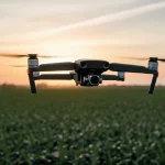 Drone che sorvola un campo agricolo rigoglioso al tramonto, tecnologia AI per monitoraggio, obiettivo grandangolare 15mm, messa a fuoco nitida, colori caldi, lunga esposizione per nuvole soffici.