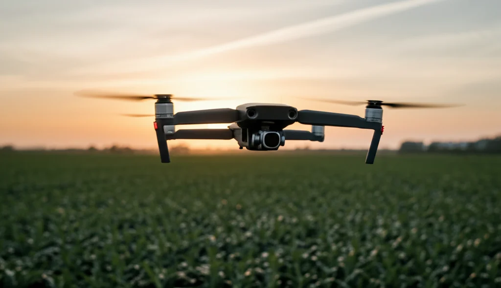 Drone che sorvola un campo agricolo rigoglioso al tramonto, tecnologia AI per monitoraggio, obiettivo grandangolare 15mm, messa a fuoco nitida, colori caldi, lunga esposizione per nuvole soffici.