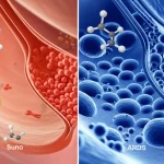 Illustrazione medica comparativa: a sinistra, un alveolo polmonare sano con scambio gassoso efficiente; a destra, un alveolo affetto da ARDS con infiammazione, edema e ridotto scambio gassoso. Sovrapposte in modo sottile, molecole stilizzate rappresentano il processo di lattilazione che influenza le cellule. Macro lens, 70mm, high detail, split view, alveoli polmonari sani vs ARDS, sovrapposizione molecolare lattilazione.