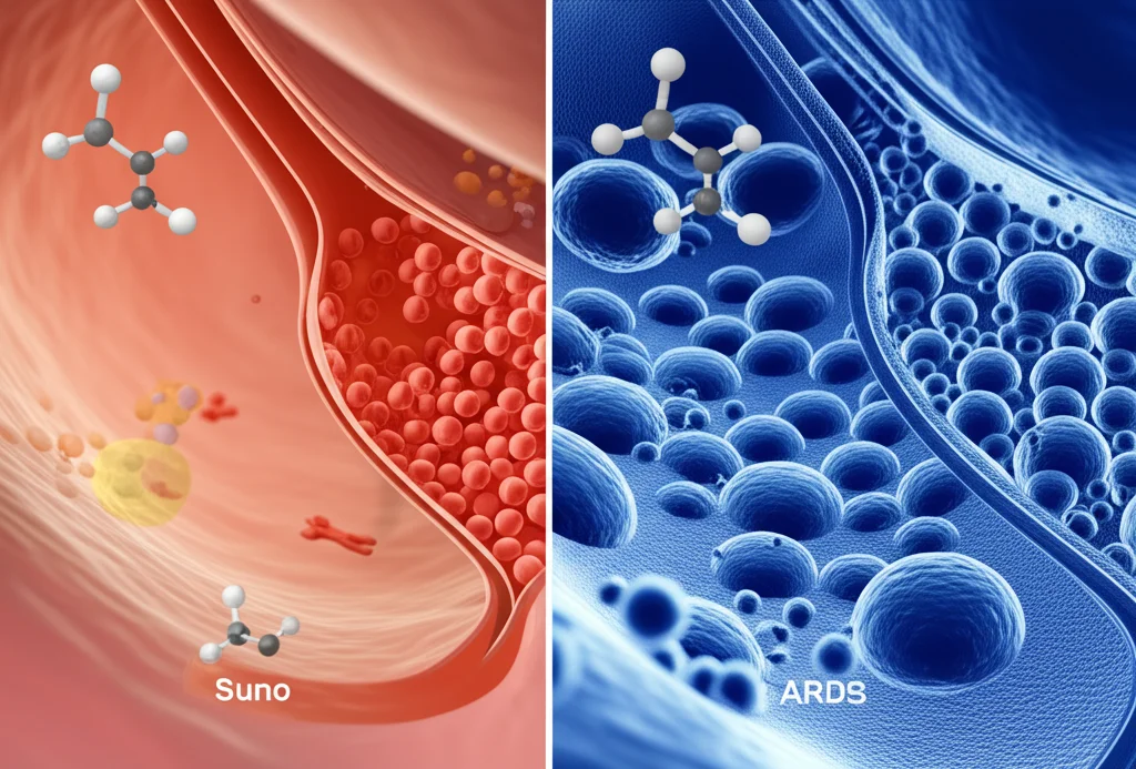 Illustrazione medica comparativa: a sinistra, un alveolo polmonare sano con scambio gassoso efficiente; a destra, un alveolo affetto da ARDS con infiammazione, edema e ridotto scambio gassoso. Sovrapposte in modo sottile, molecole stilizzate rappresentano il processo di lattilazione che influenza le cellule. Macro lens, 70mm, high detail, split view, alveoli polmonari sani vs ARDS, sovrapposizione molecolare lattilazione.