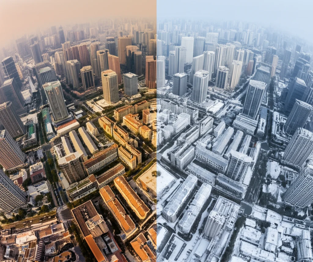 Immagine aerea di una vasta megacity come Shenzhen, divisa a metà: una parte mostra il caldo intenso dell'estate con tetti roventi e poca vegetazione, l'altra il freddo invernale con un leggero strato di smog intrappolato tra gli edifici. Obiettivo grandangolare 20mm, luce contrastante tra le due metà, alta definizione per mostrare i dettagli urbani e l'impatto stagionale dell'isola di calore.
