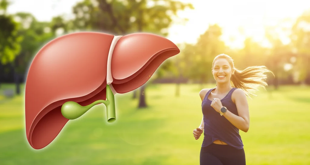 Immagine composita che mostra speranza e salute: a sinistra, una sezione trasversale stilizzata di un fegato sano; a destra, una persona sorridente che corre all'aperto in un parco verde. Luce solare calda. Prime lens 35mm, depth of field per sfocare leggermente lo sfondo e mettere a fuoco la persona e l'illustrazione del fegato.